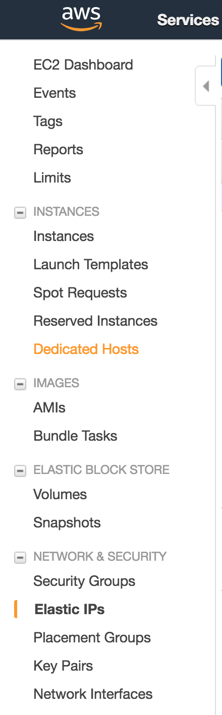 AWS EC2 menu