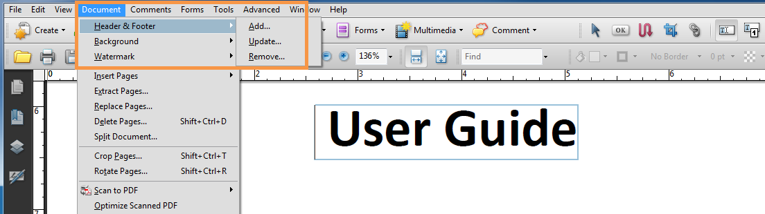 Menu bar - Document - Header & Footer - Update