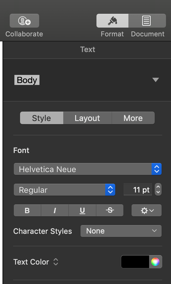 Format Text panel in Pages