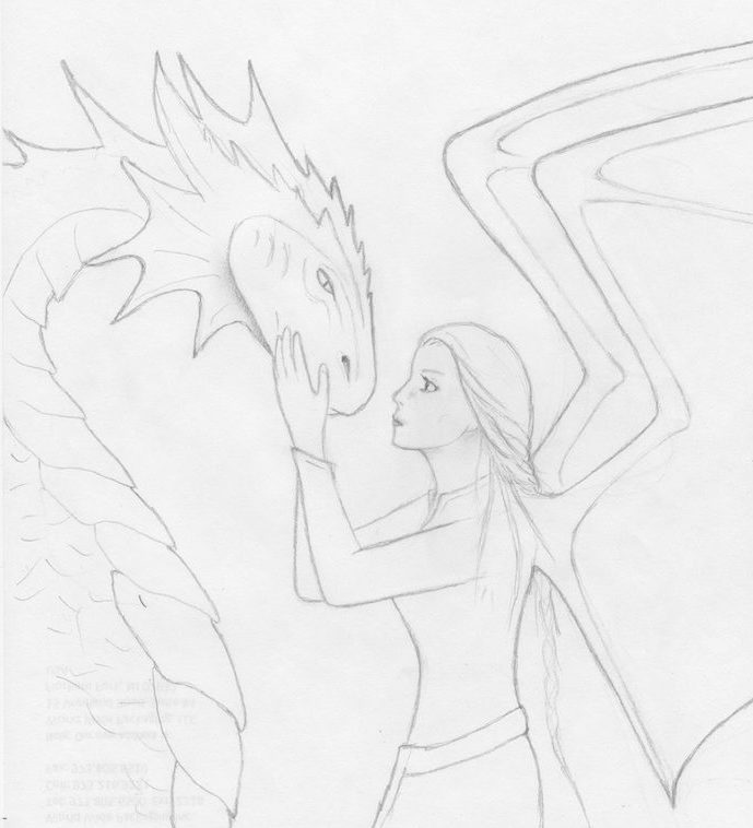 pencil drawing of a woman and a dragon