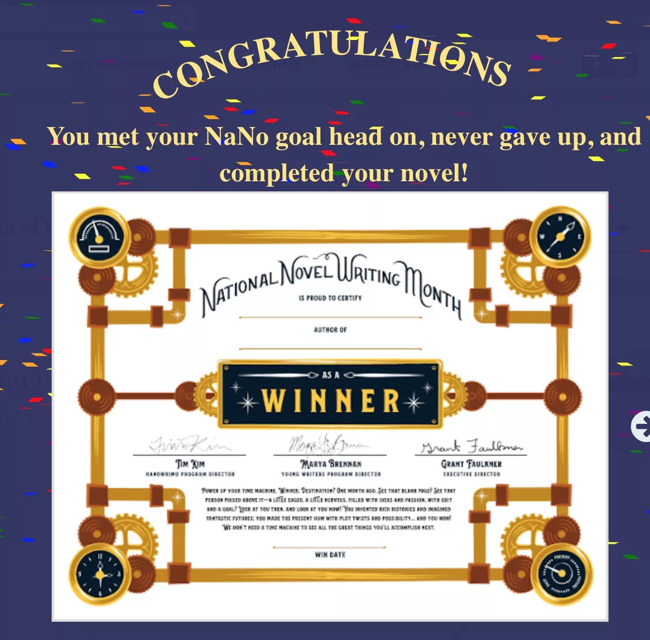 NaNoWriMo 2019 winner's certificate