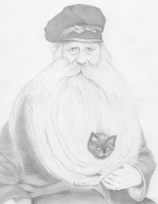 Isobel's pencil drawing of a man with a kitten in his long beard