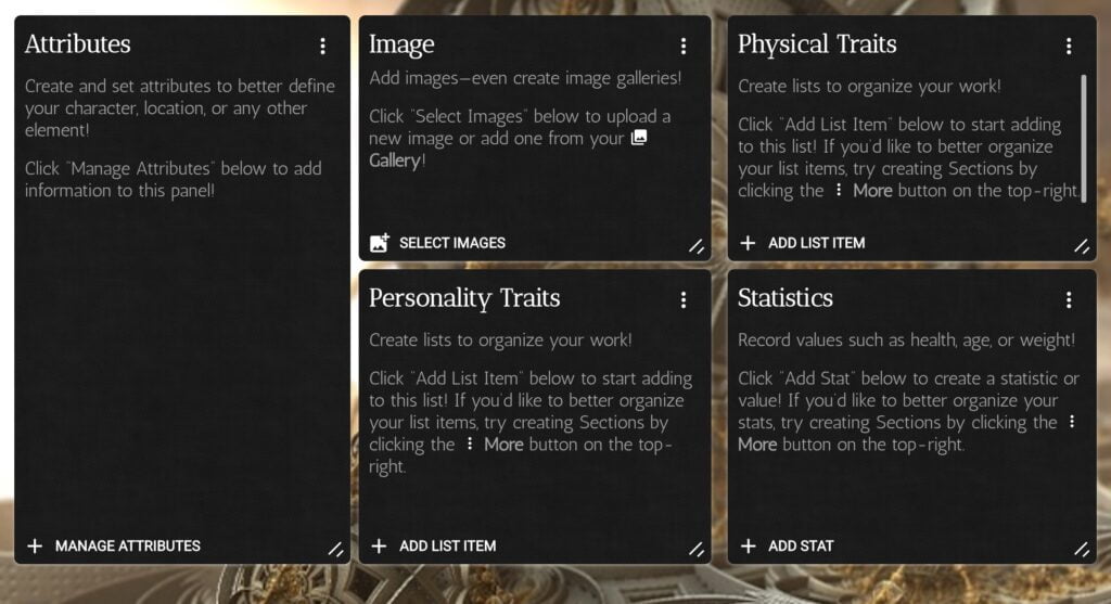 Default character template has panels: Attributes, Image, Physical traits, Personality Traits, Statistics