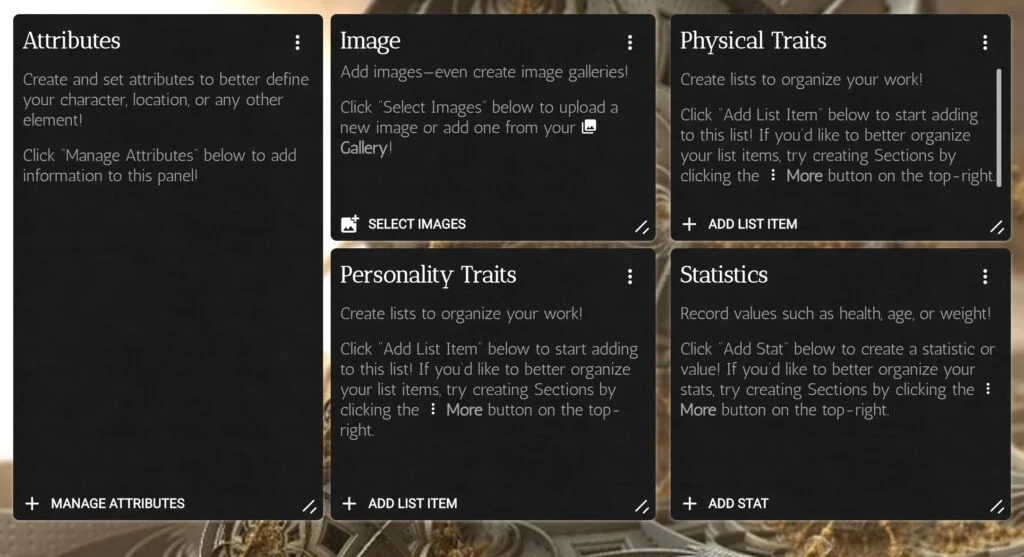 Default character template has panels: Attributes, Image, Physical traits, Personality Traits, Statistics