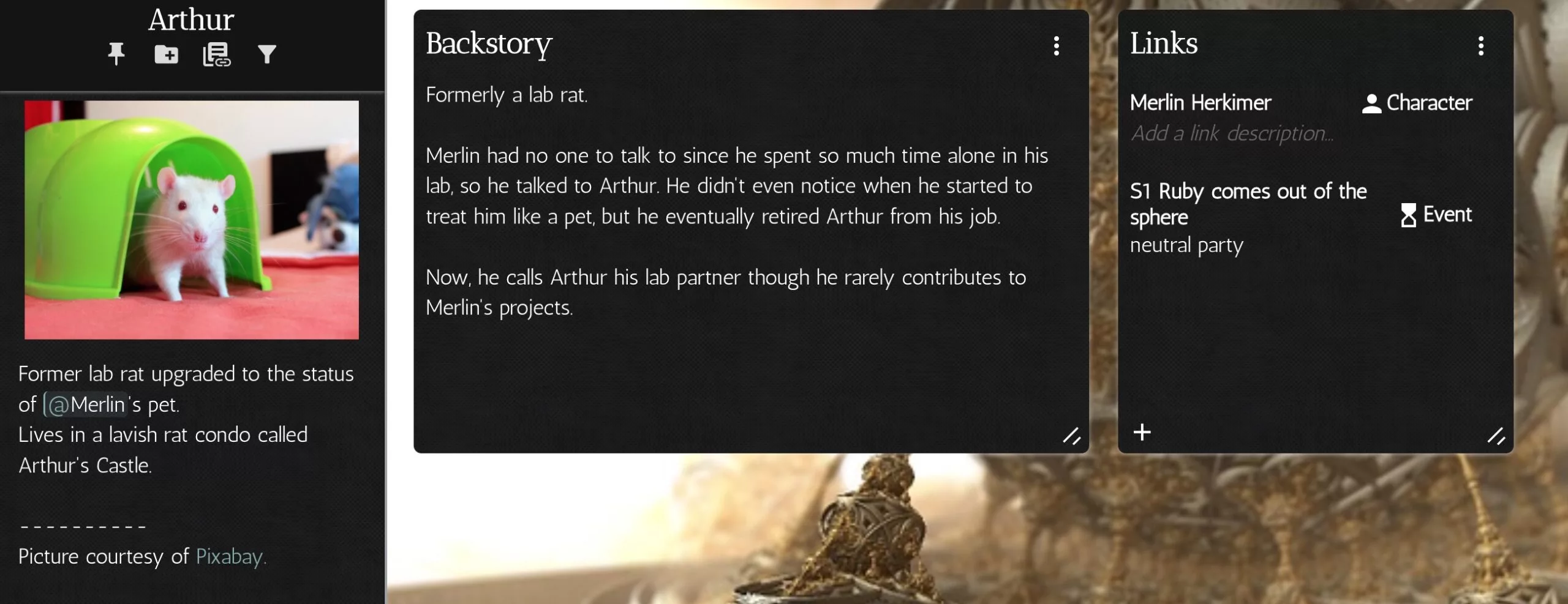 Profile of Arthur, a rat, page 2 with the Backstory and links