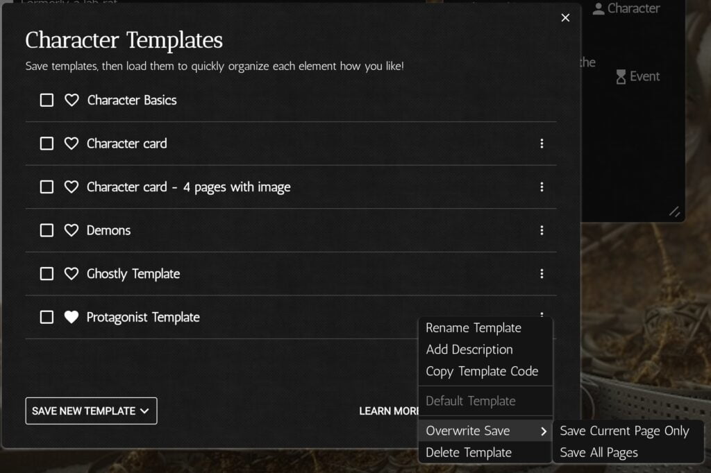 List of character templates in my project (6 total) and menu options