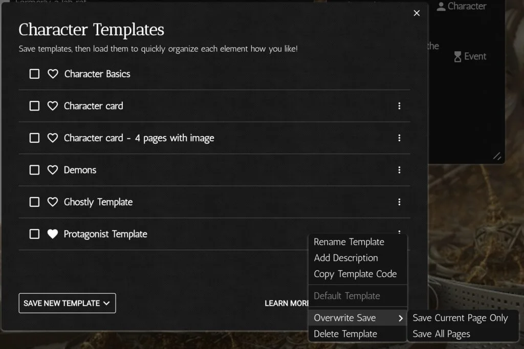 List of character templates in my project (6 total) and menu options