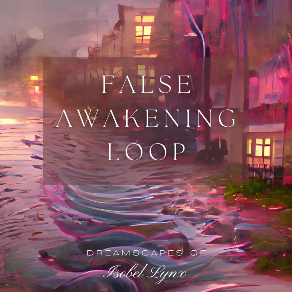 False awakening loop. Image of a dreamscape of water flowing in the street between buildings