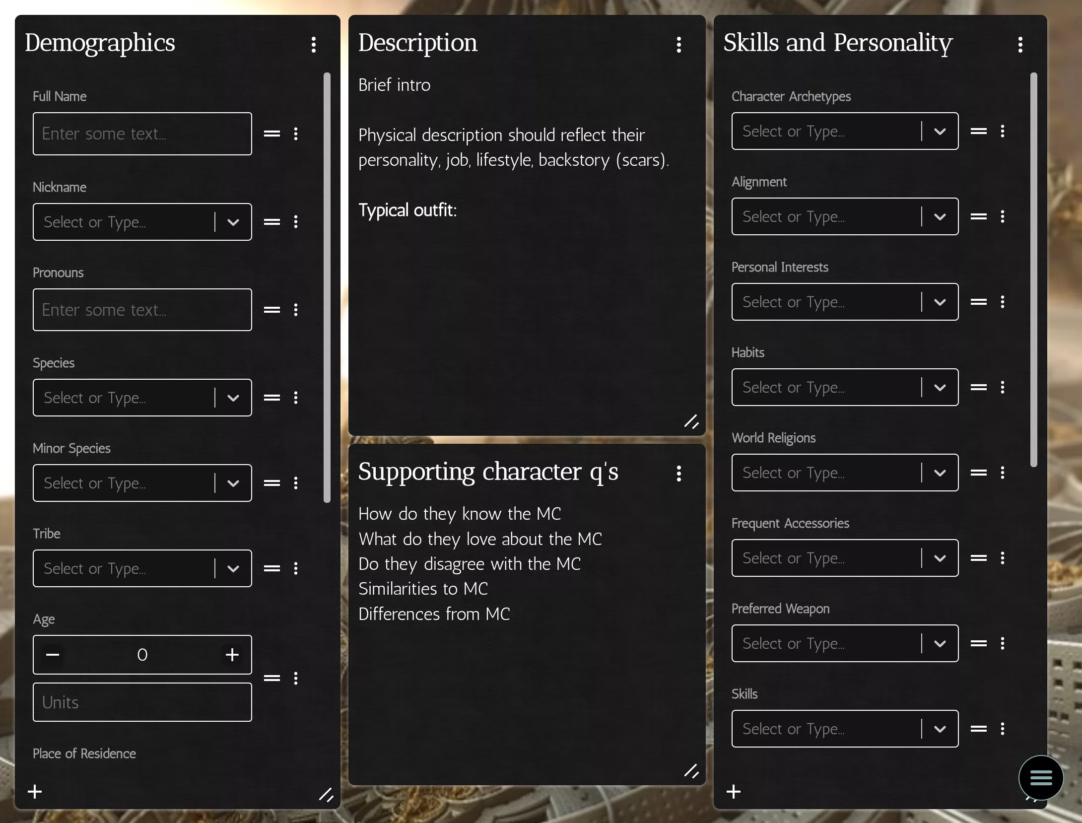 simple character template page 1 with Demographics, description, skills and personality panels