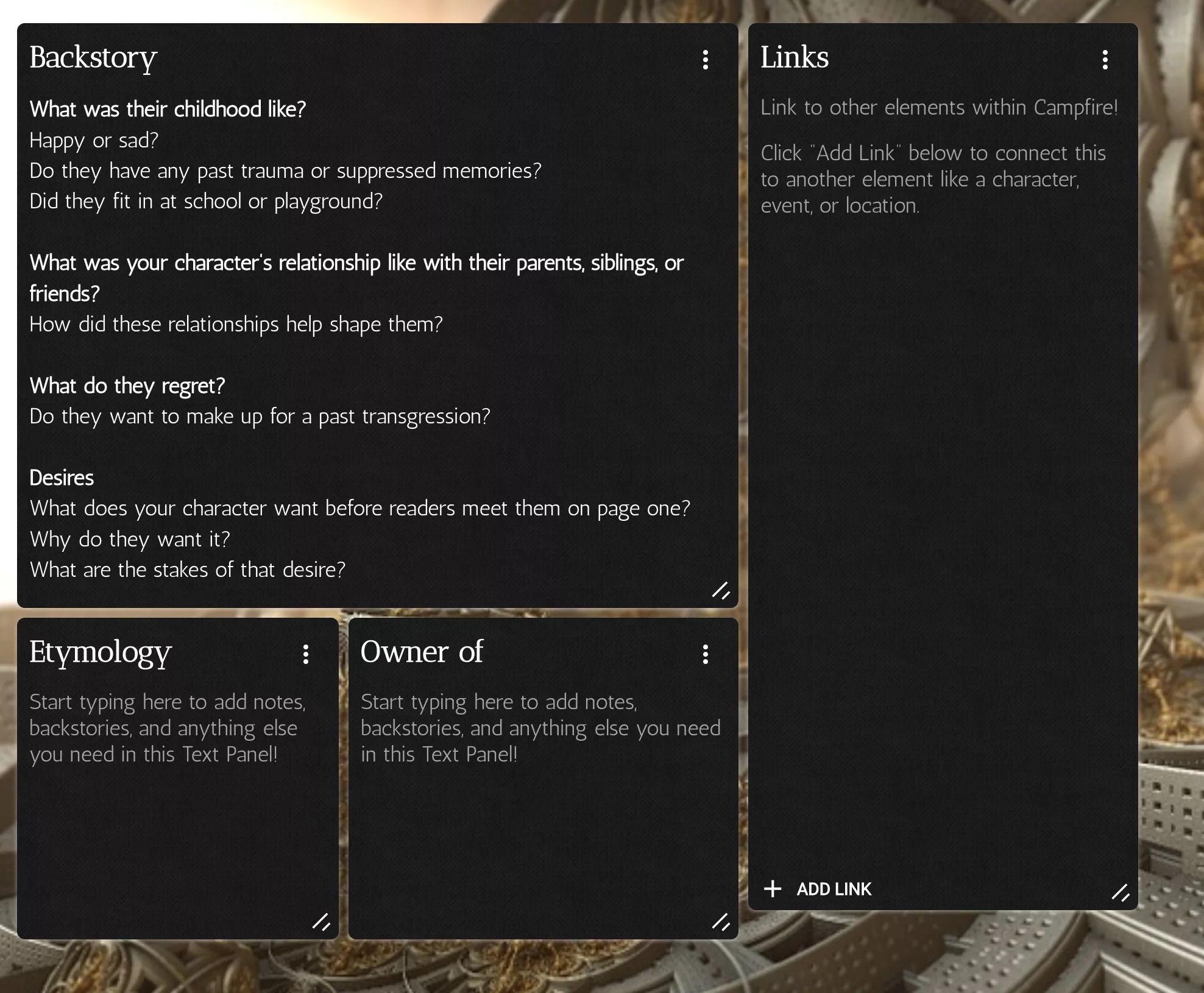 simple character template page 2 with Backstory, links, Etymology, and Owner of