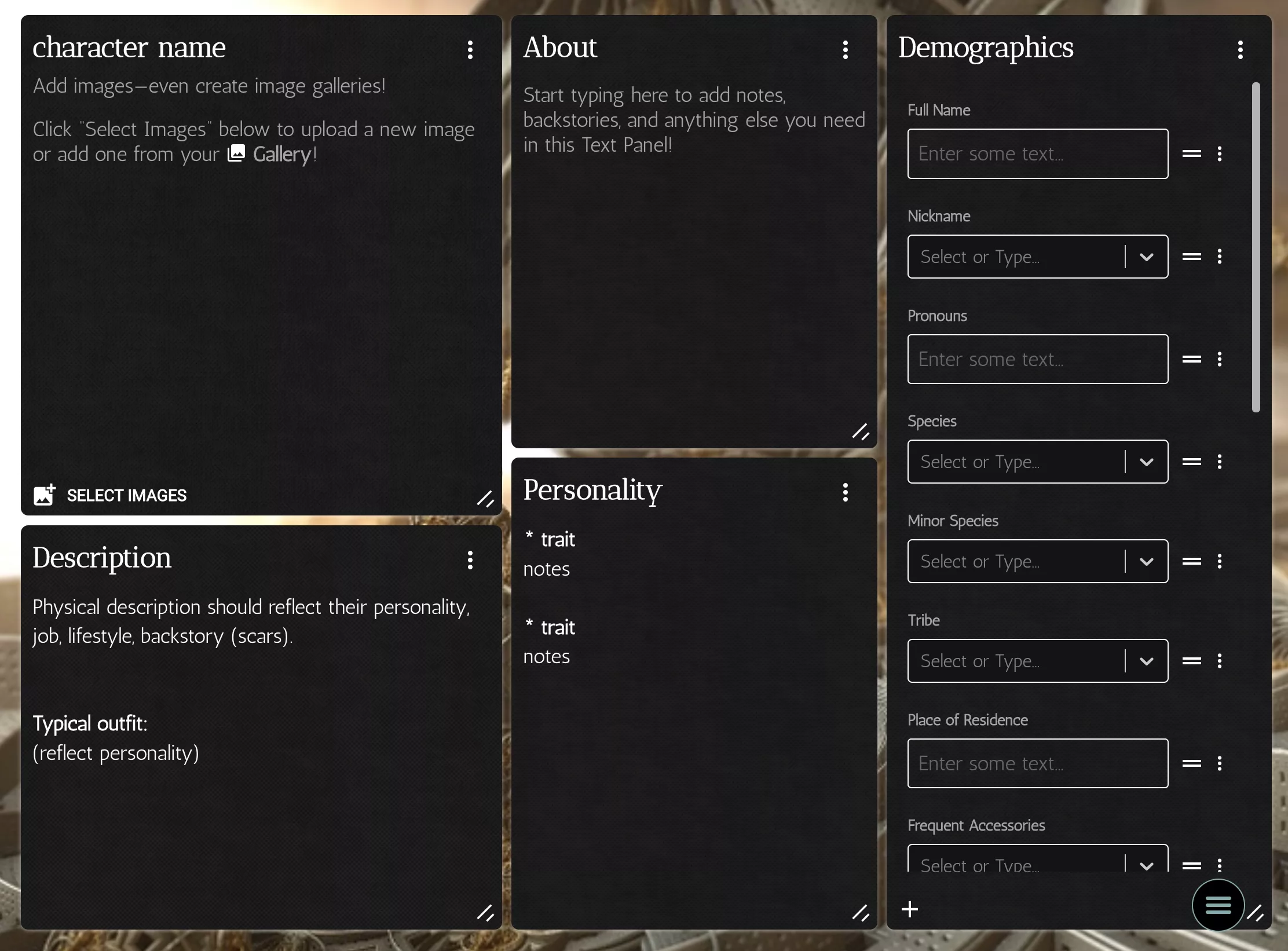 Character template page 1 with panels for character description, personality and demographics.
