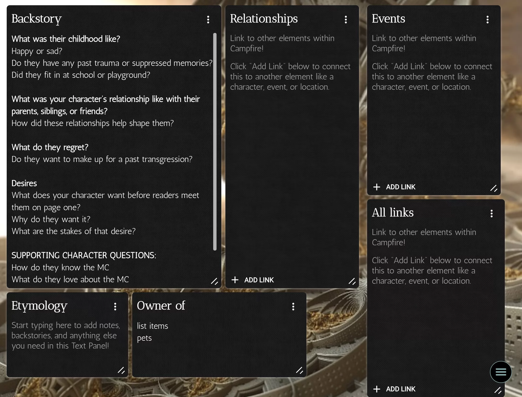 Character template page 4 with Backstory, Link panels, Etymology and Owner of panels.