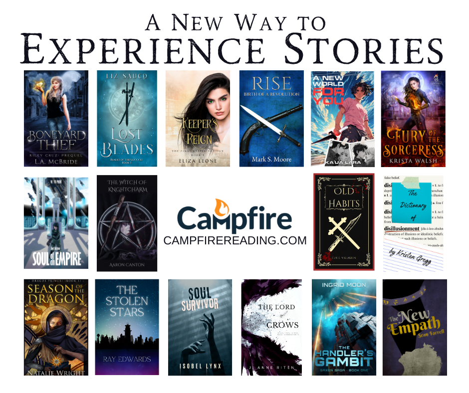 A collage with 16 book covers around the Campfire logo. A new way to experience stories. 