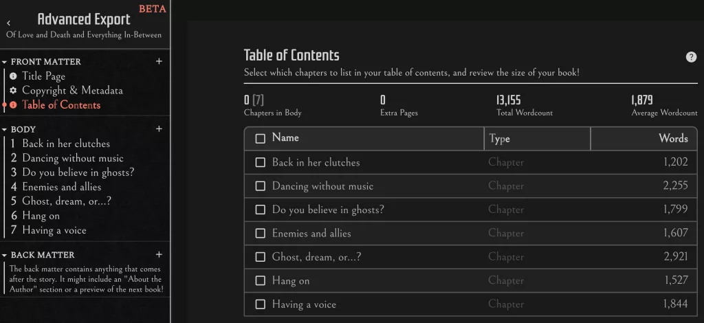 A table with chapter names and word counts right next to them 