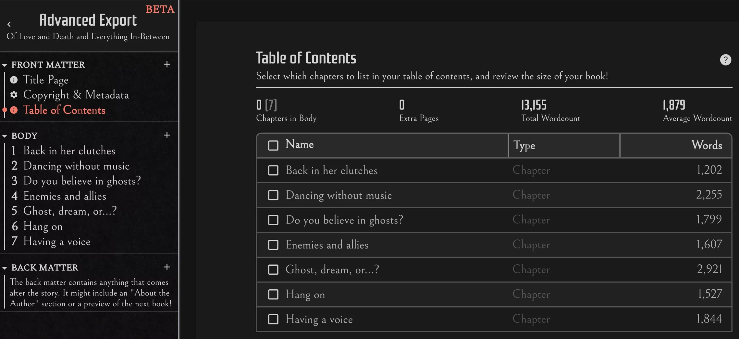 A table with chapter names and word counts right next to them