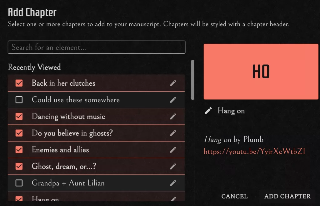 Add Chapter dialog where you can scroll through the list or search by name