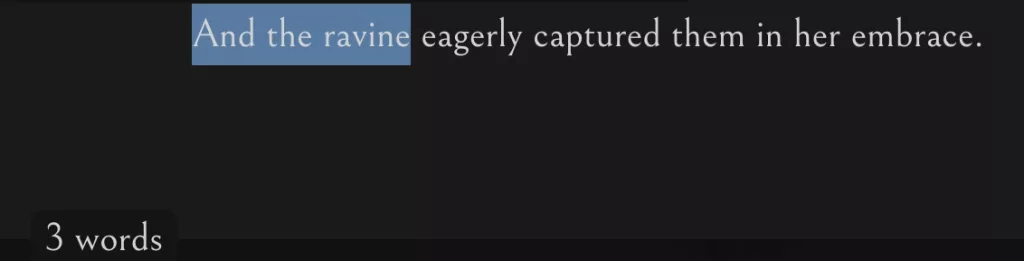 Three words are highlighted in a sentence written in Campfire Manuscript element and "3 words" listed below