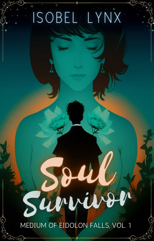 Book cover of Soul Survivor, a novella by Isobel Lynx featuring a silhouette of a young man on the background of a woman sleeping peacefully. Simplistic teal design.