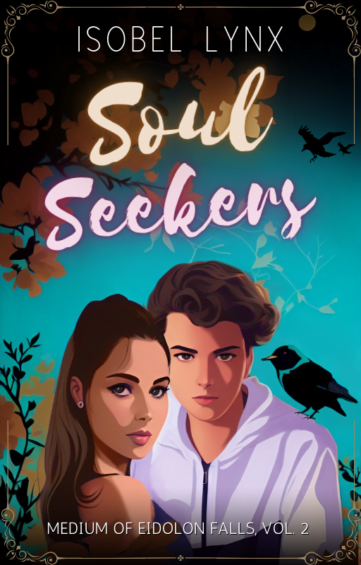 Book cover of Soul Seekers, a novella by Isobel Lynx featuring a young man and woman with a blackbird and a tree in the background. Simplistic illustration style.