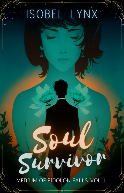 Book cover of Soul Survivor, a novella by Isobel Lynx featuring a silhouette of a young man on the background of a woman sleeping peacefully. Simplistic teal illustration.