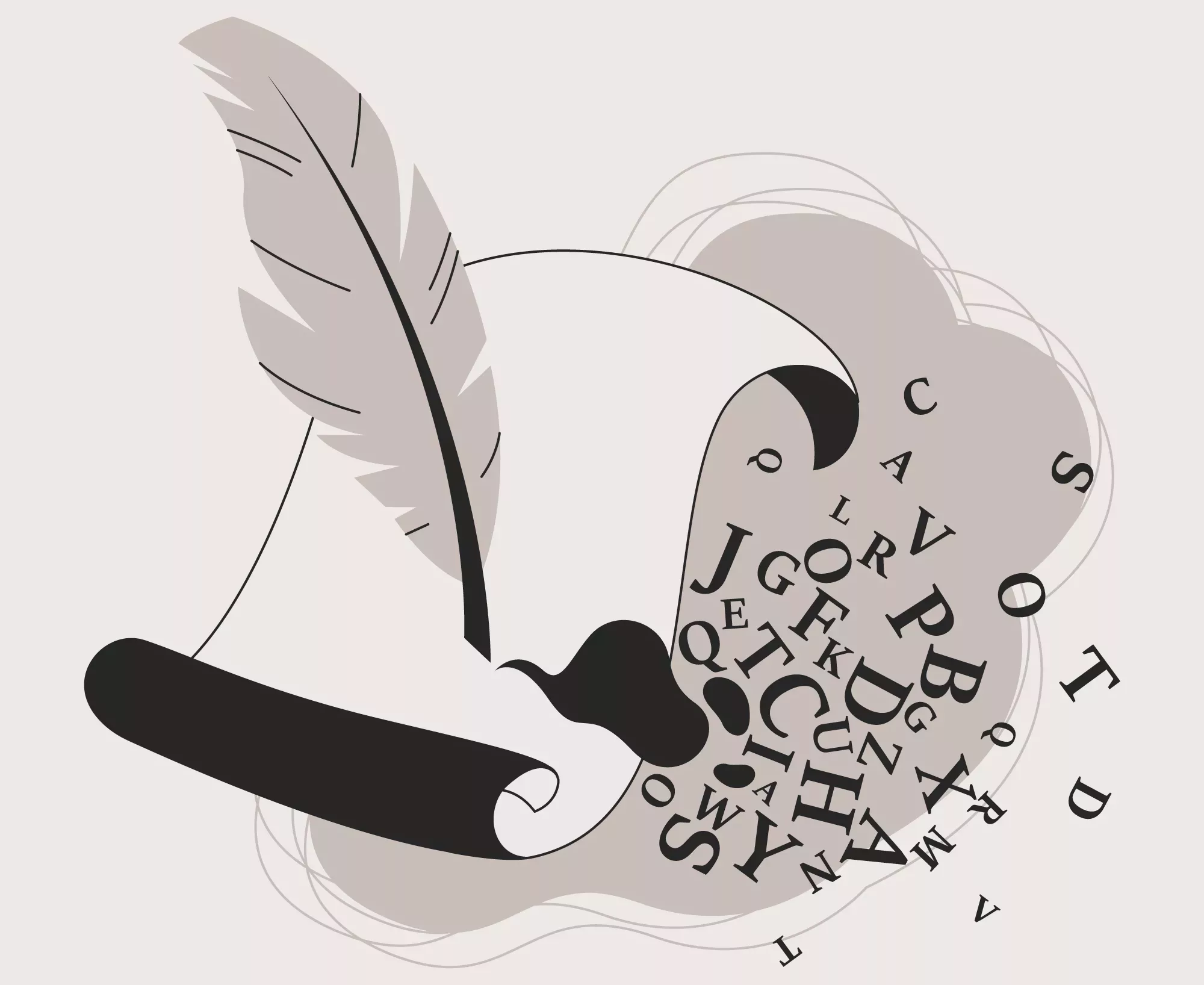 illustration of a quill and parchment and scattered letters