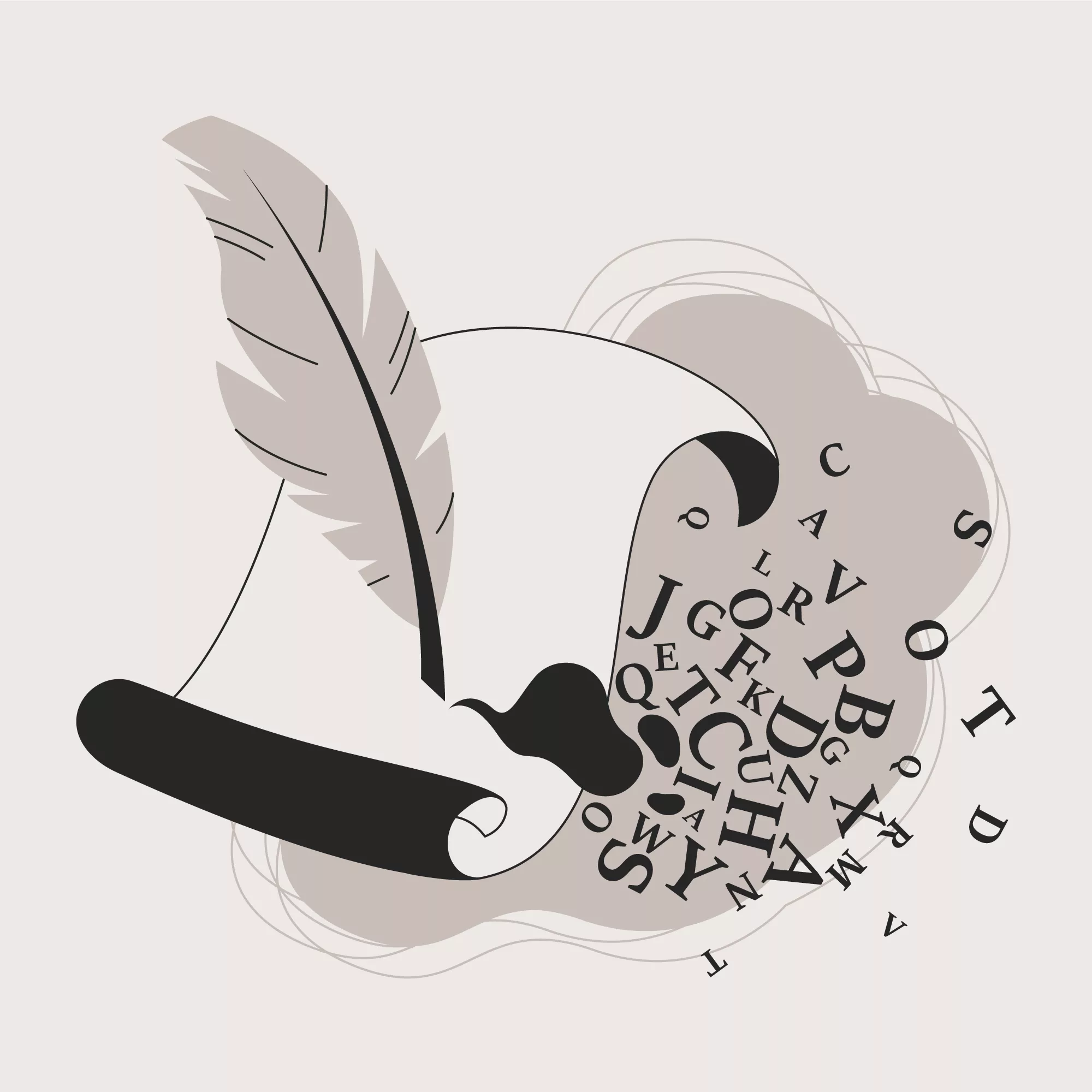 illustration of a quill and parchment and scattered letters
