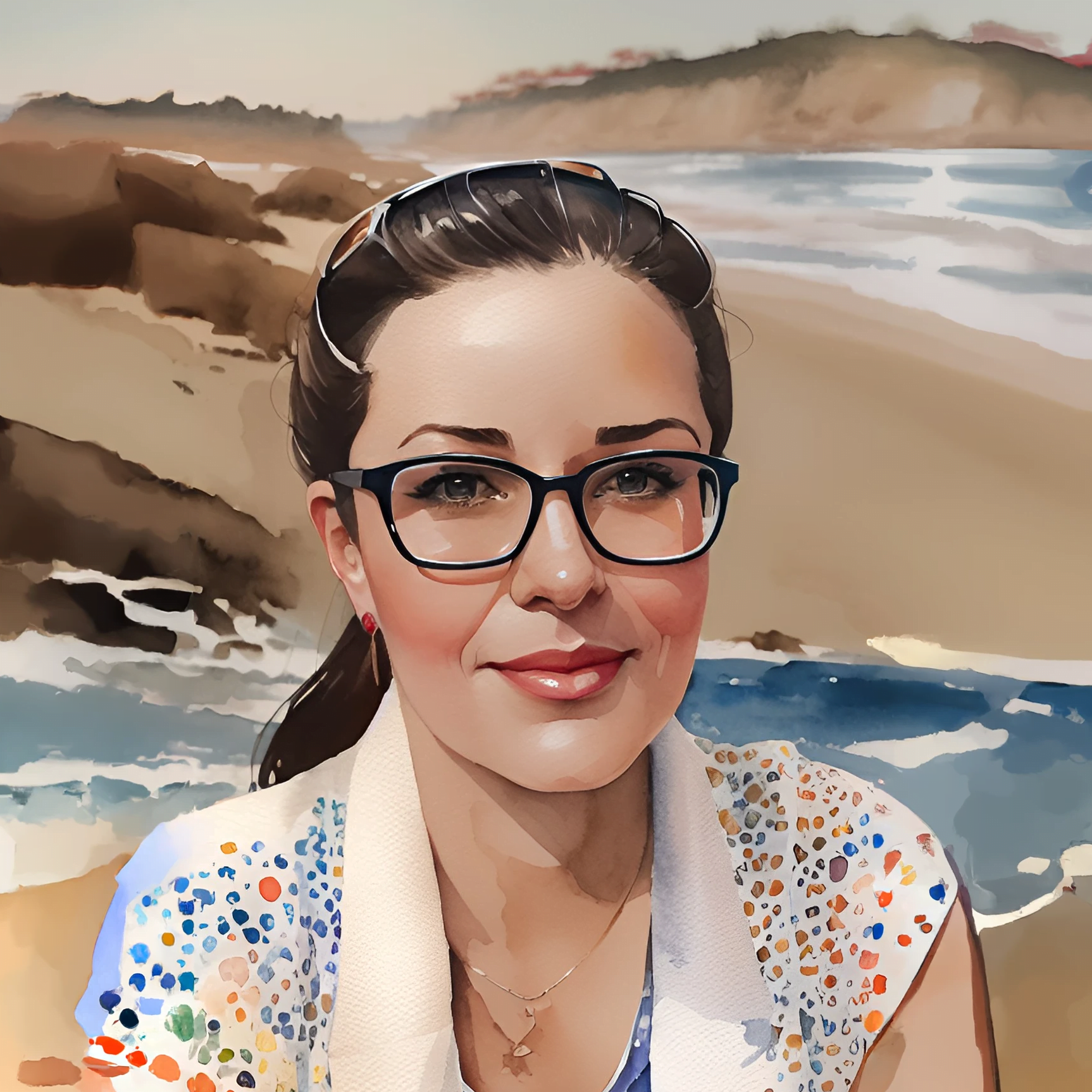 Digital watercolor painting of Isobel Lynx on a beach, a brunette woman with glasses