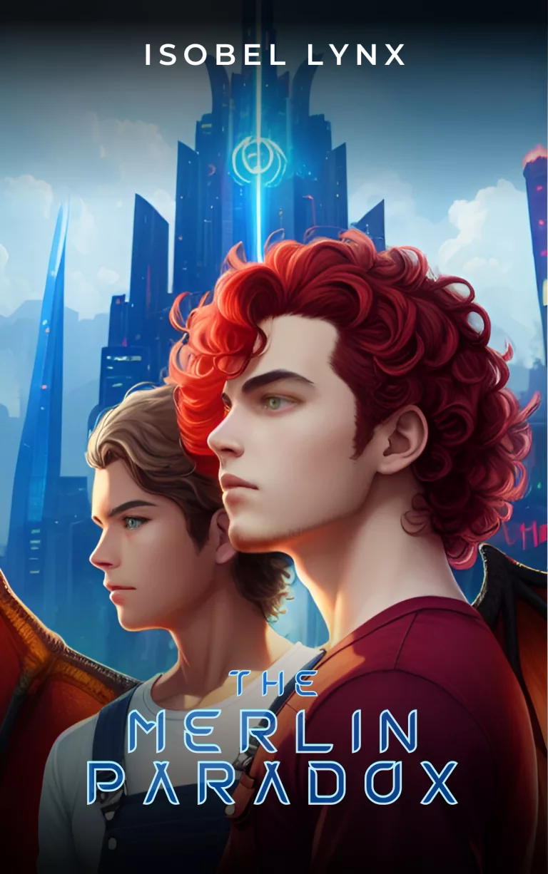 Book cover for The Merlin Paradox by Isobel Lynx, featuring two young man on a backdrop of a fantasy city