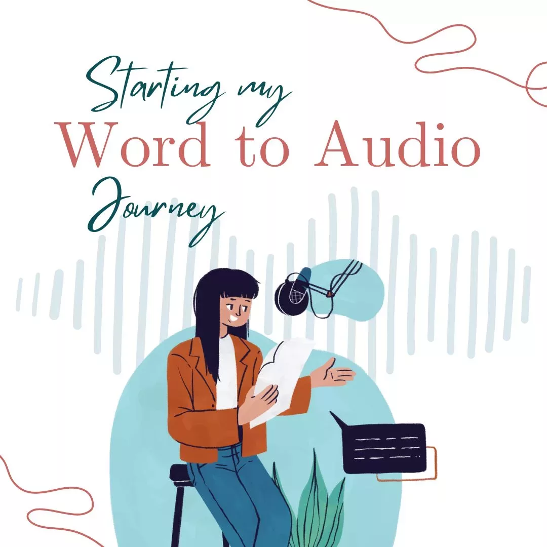 An illustration of a woman narrating an audiobook into a microphone