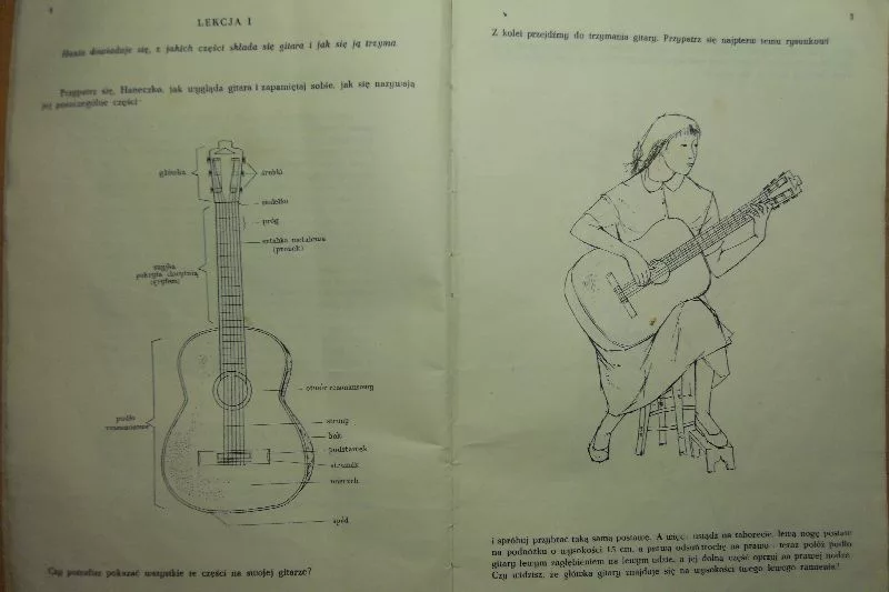 pages of an old book with drawings of a guitar