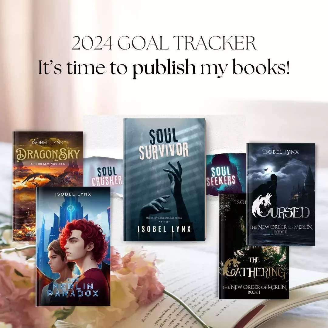 2024 goal tracker. It’s time to publish my books. Collage of 7 books.