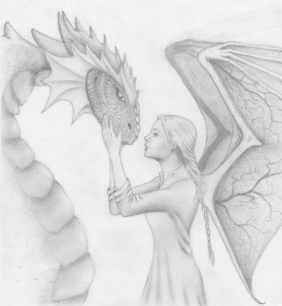 pencil drawing of a woman and a dragon