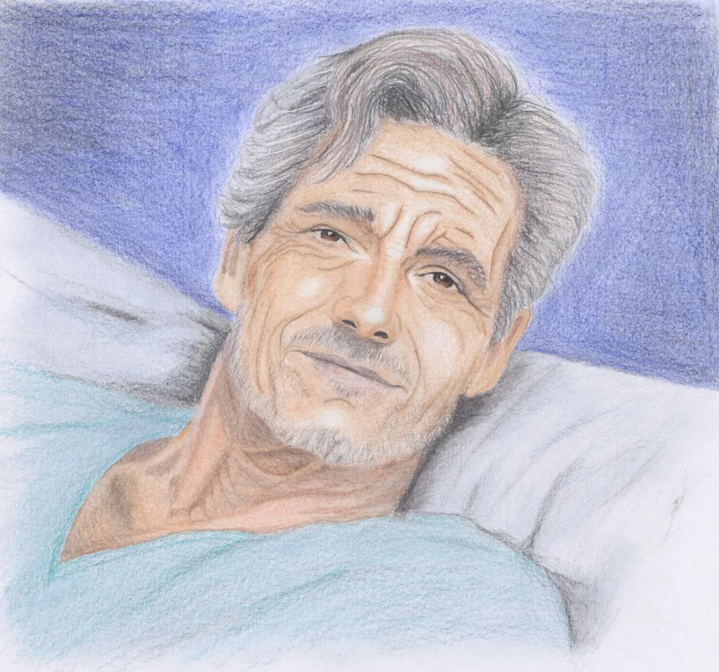colored pencil drawing of an old man in bed