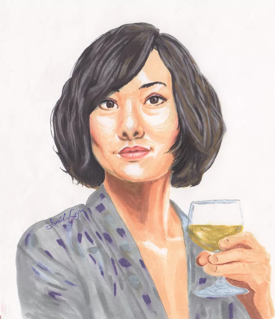 marker drawing of an Asian woman holding a glass of wine