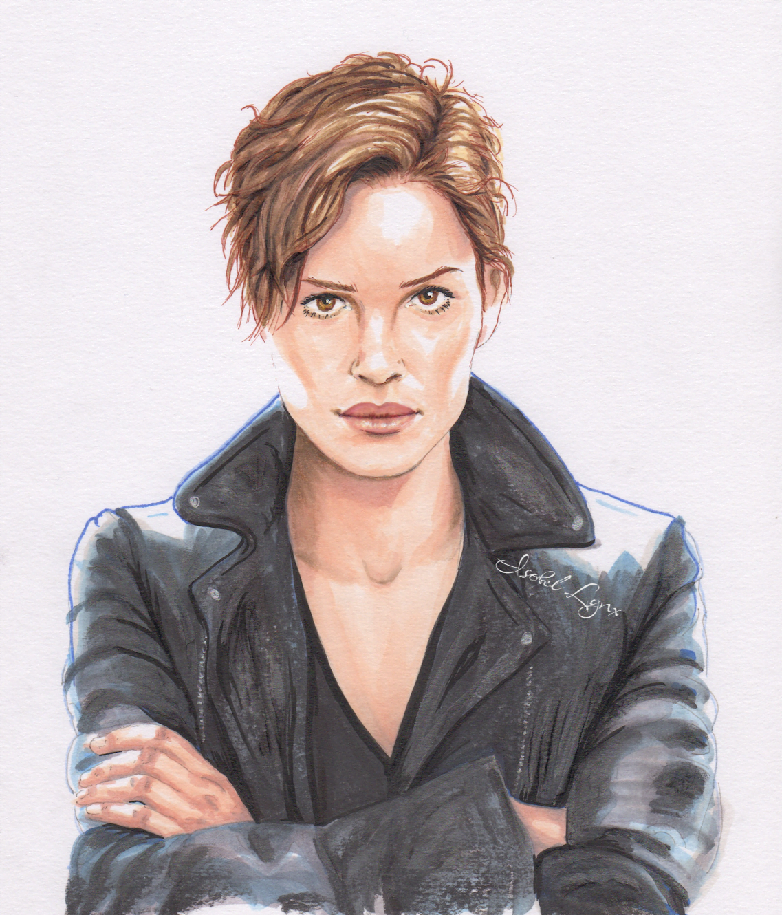 marker drawing of a woman with short hair, wearing a black leather jacket, signed by Isobel Lynx