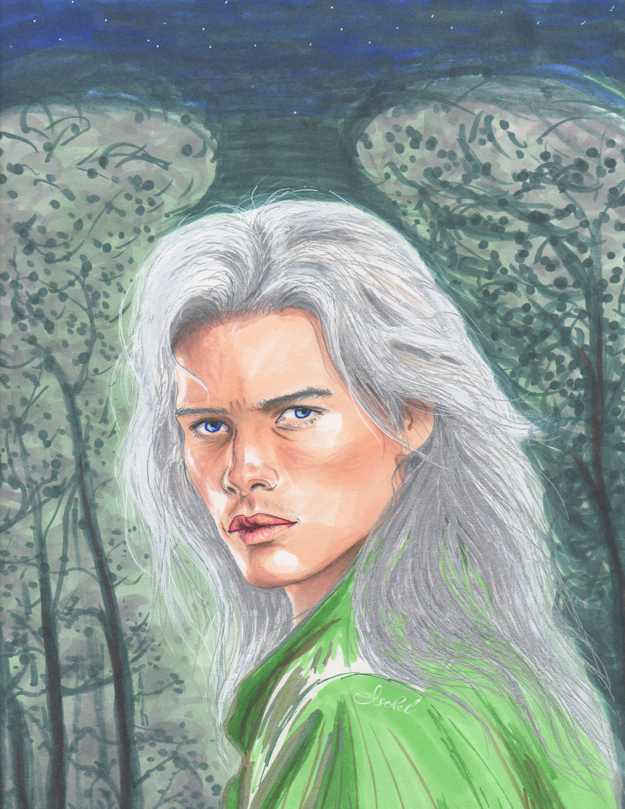 drawing of a man with white hair on the background of trees, signed by Isobel