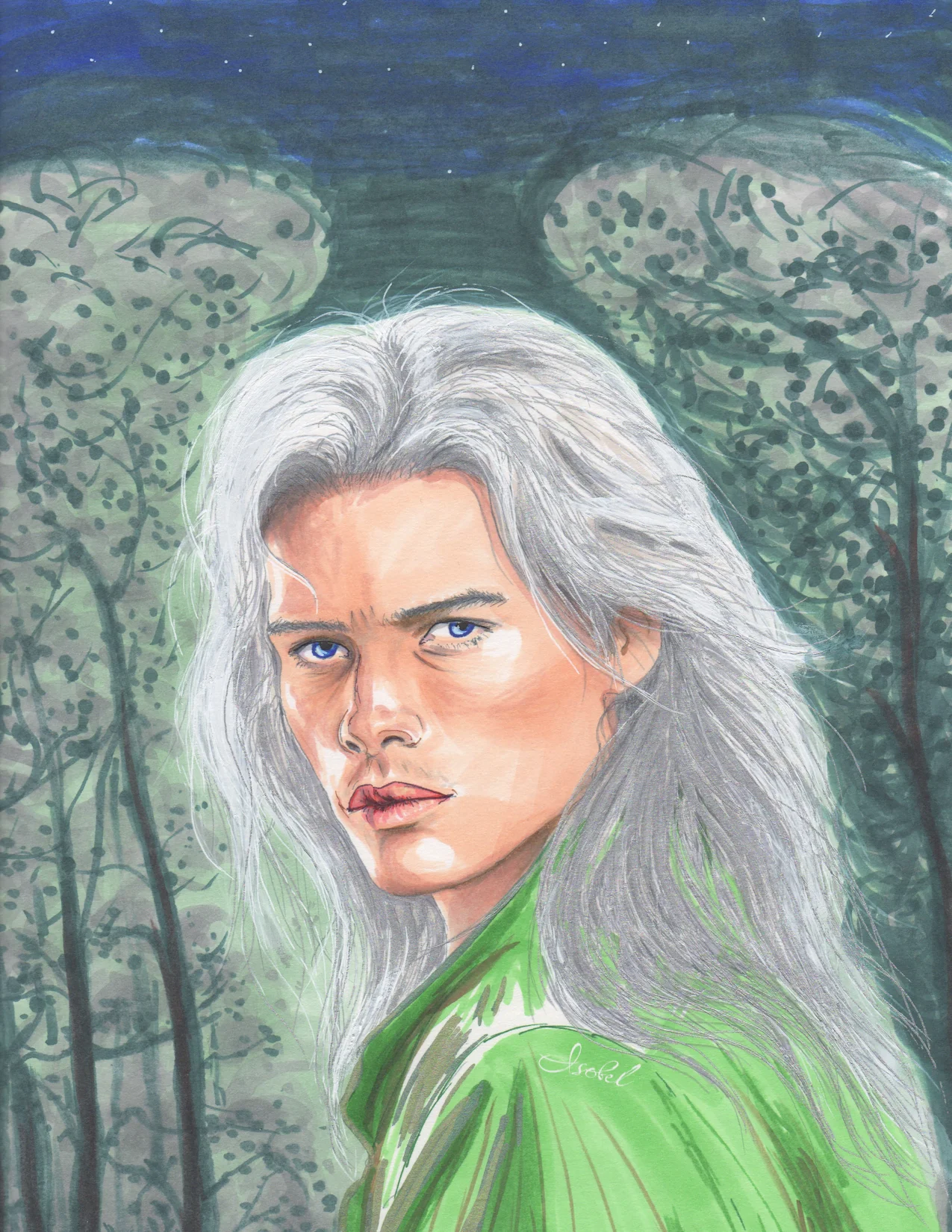 drawing of a man with white hair on the background of trees, signed by Isobel