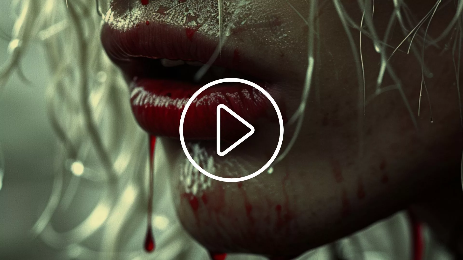 large play button on top of a close up of a man’s bloody lips
