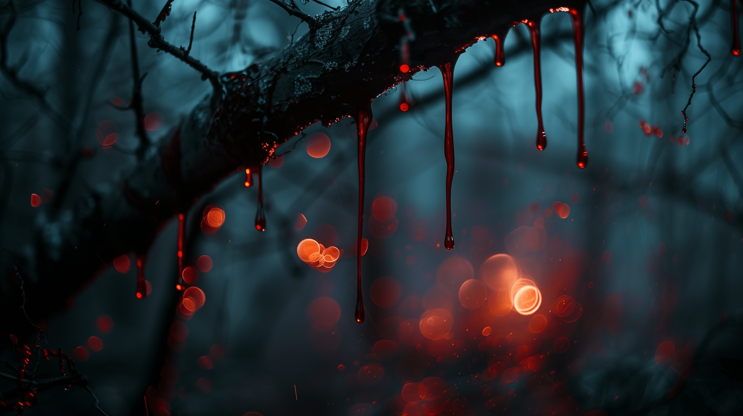 blood dripping off a tree branch