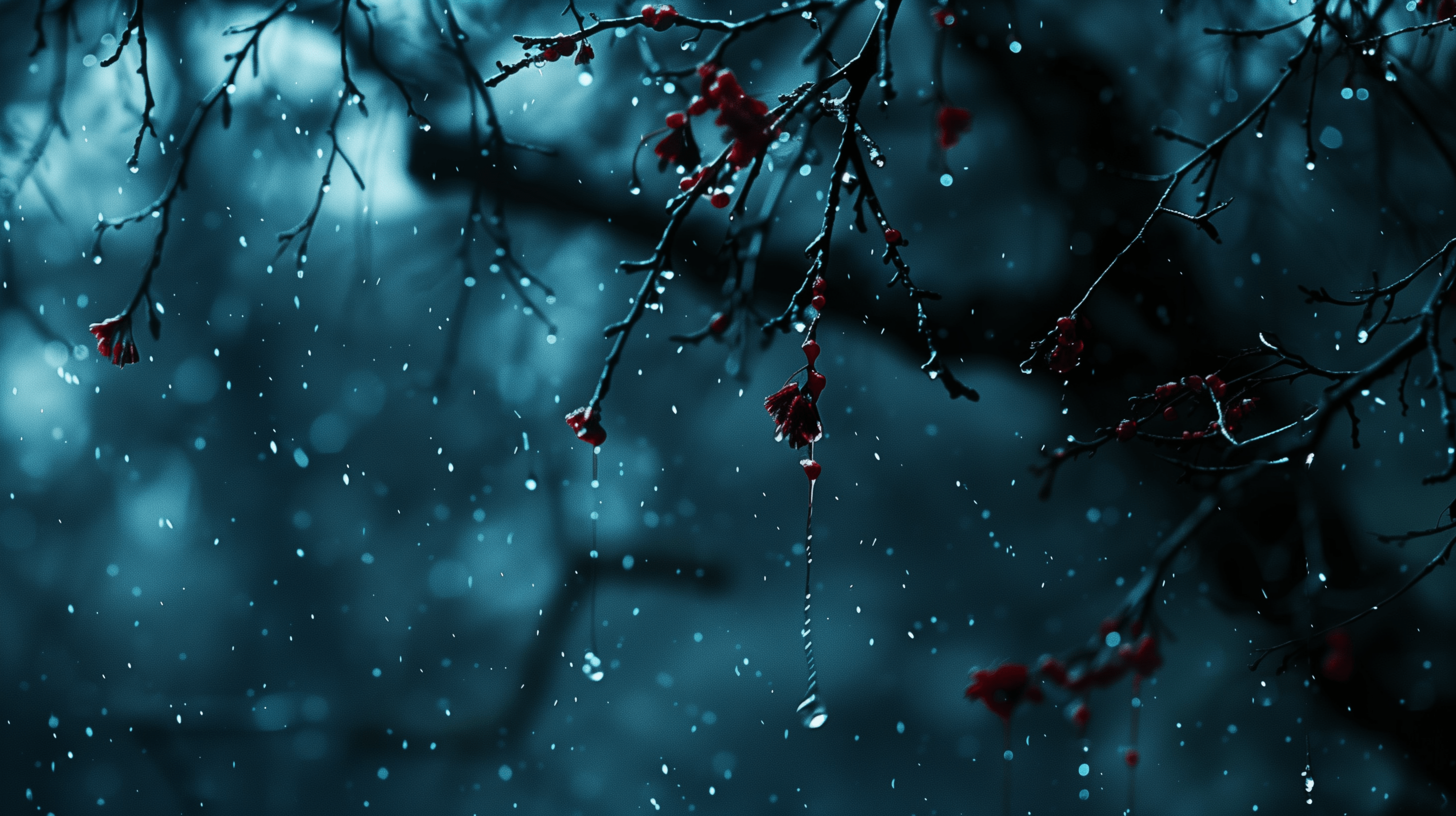 tree branches at night, rain dripping