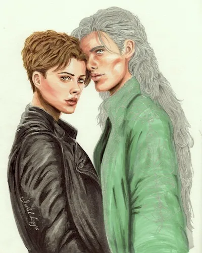 marker drawing of a young man with long silver hair standing with a woman with short hair and a leather jacket, they’re facing each other but looking at you