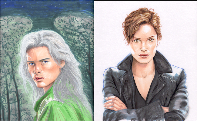 two marker drawings, a young man with long silver hair on the background of trees, and a woman with short hair and a leather jacket