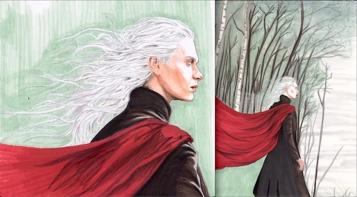 two marker drawings, one of a young man with silver hair flowing in the wind, second is the same man but the drawing is from further away so you can see his full figure, red cape blowing in the wind and trees in the background