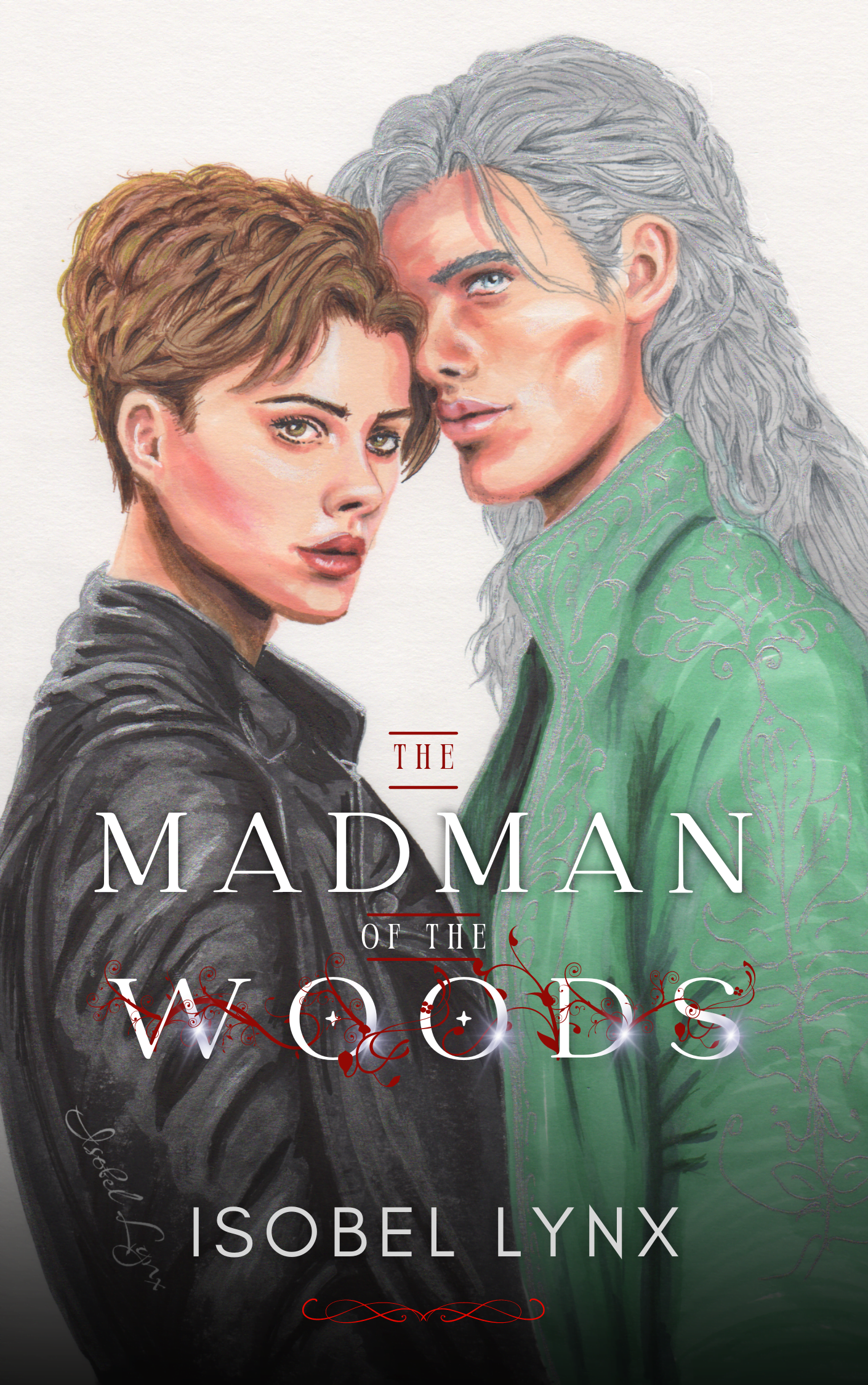 book cover for The Madman of the Woods, featuring a drawing of a woman and a man