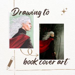 Drawing to book cover art, two images of a man in long white hair, one a traditional drawing, the other is a digital drawing