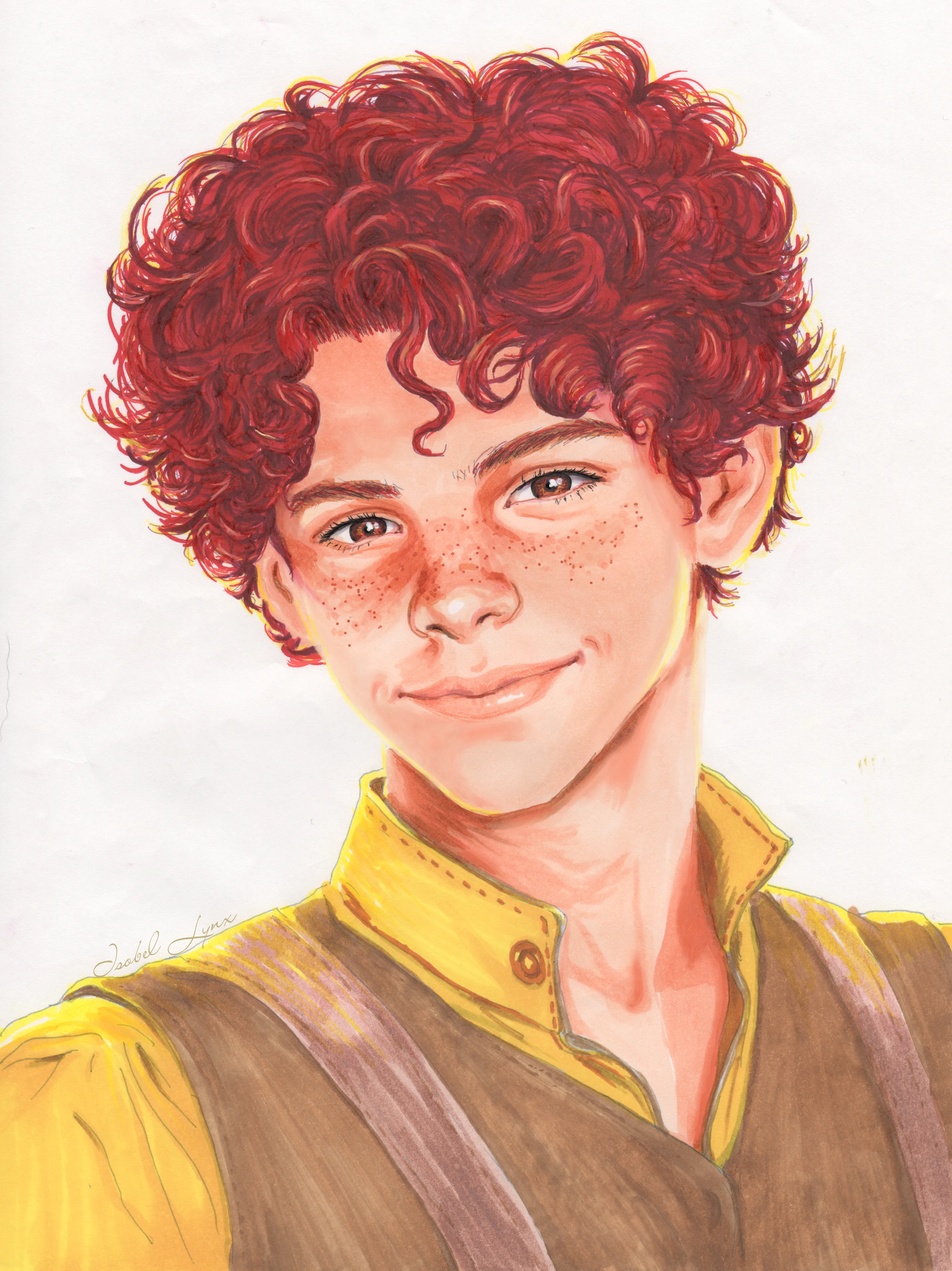 a marker drawing of a young man with curly vividly red hair