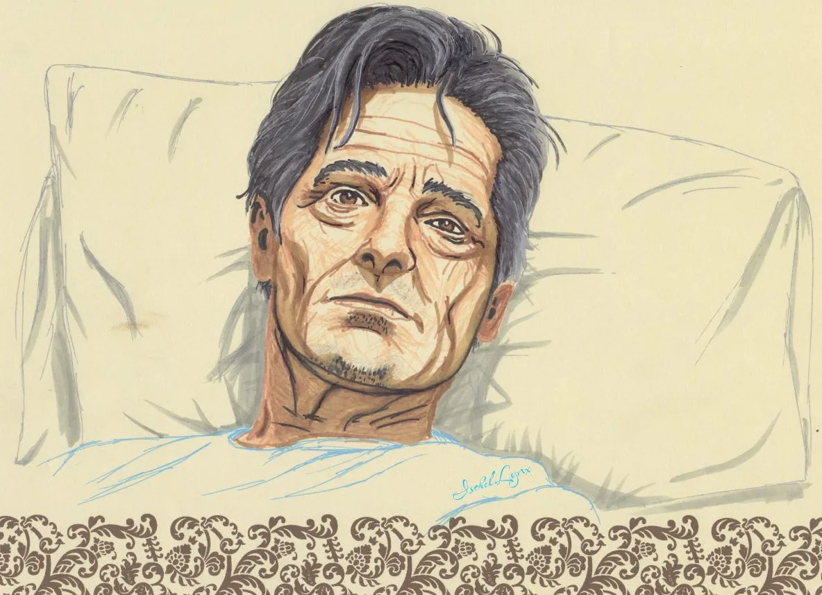 Marker drawing of a wrinkled man laying in bed, on top of a pillow