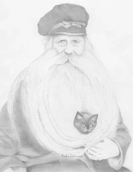 Isobel's pencil drawing of a man with a kitten in his long beard