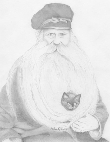 Isobel's pencil drawing of a lighthouse keeper with a kitten in his beard
